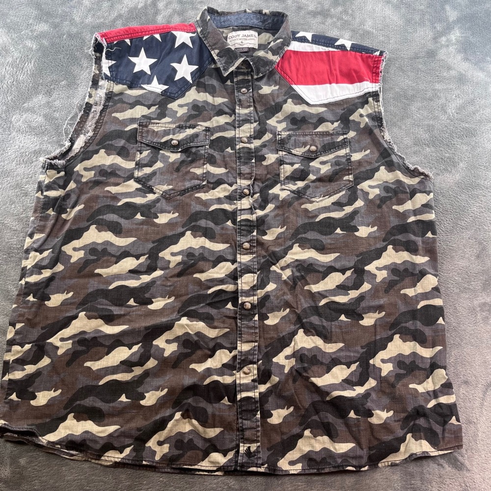 Cody James Mens 2XL Camo American Flag Sleeveless Western Shirt Pearl Snap Camo